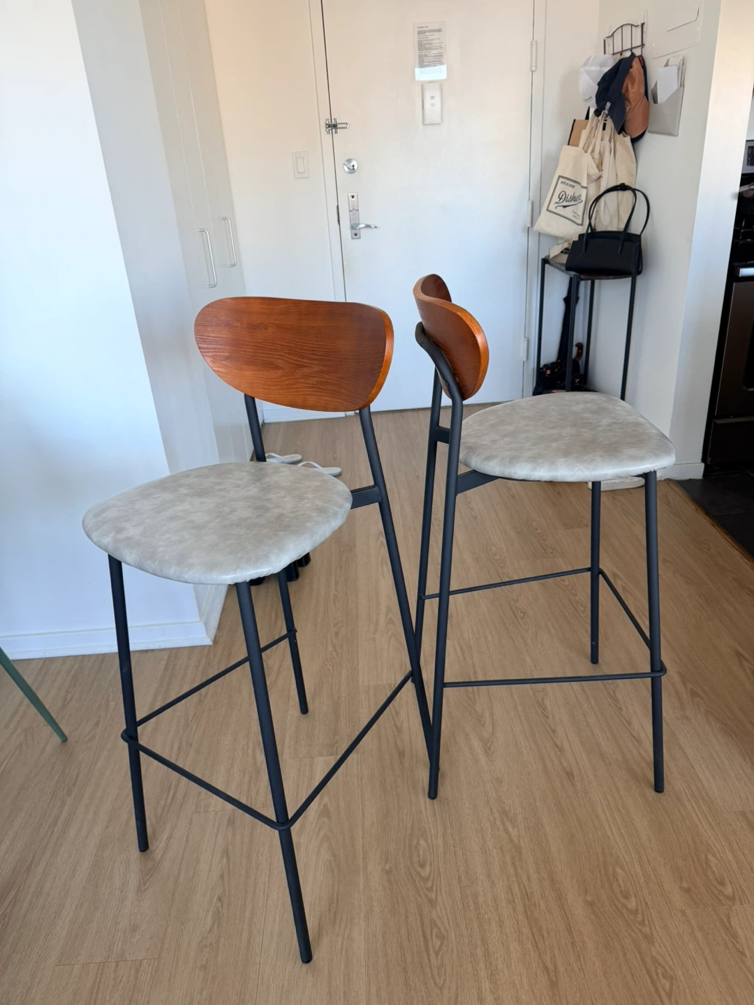 Set of 2 Bar Stools - Wood Back, Upholstered Seat - photo 3