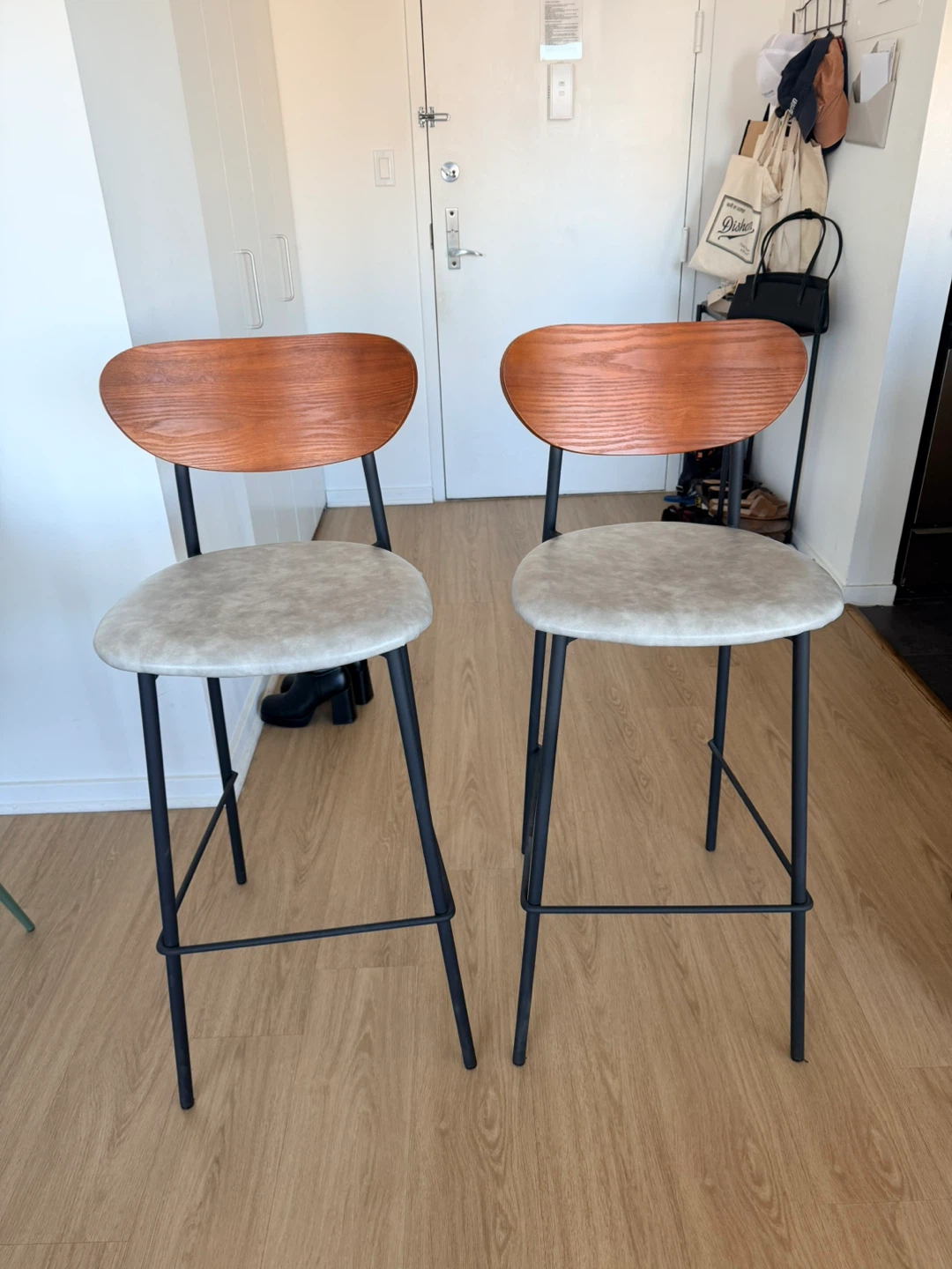 Set of 2 Bar Stools - Wood Back, Upholstered Seat