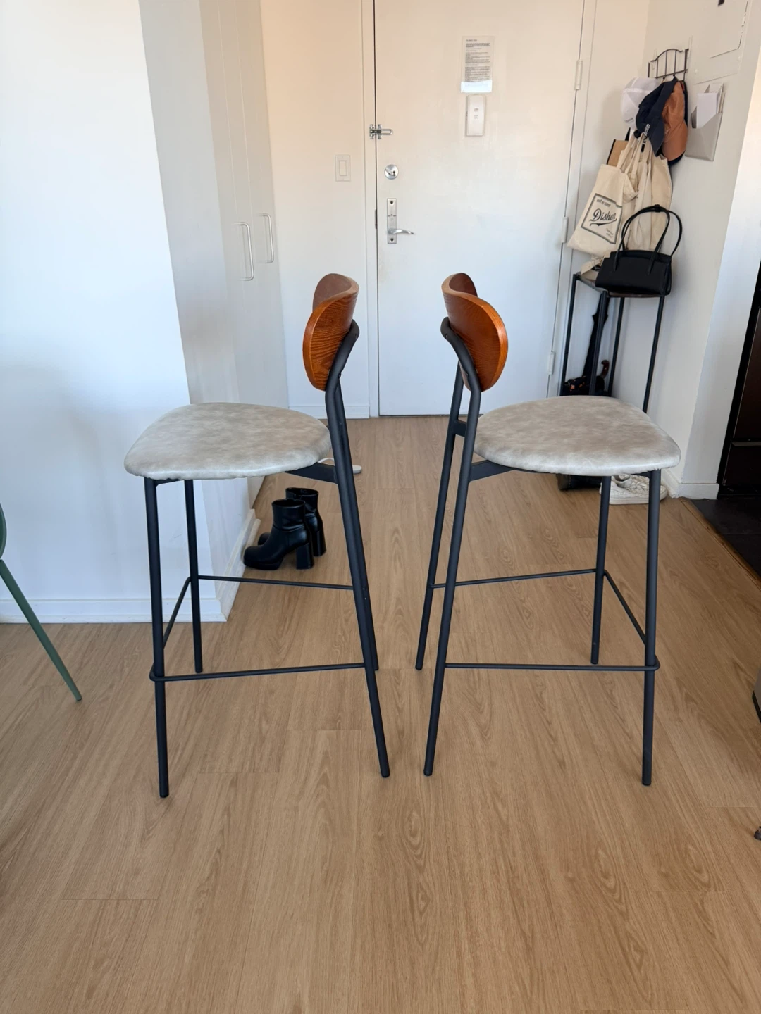 Set of 2 Bar Stools - Wood Back, Upholstered Seat - photo 2