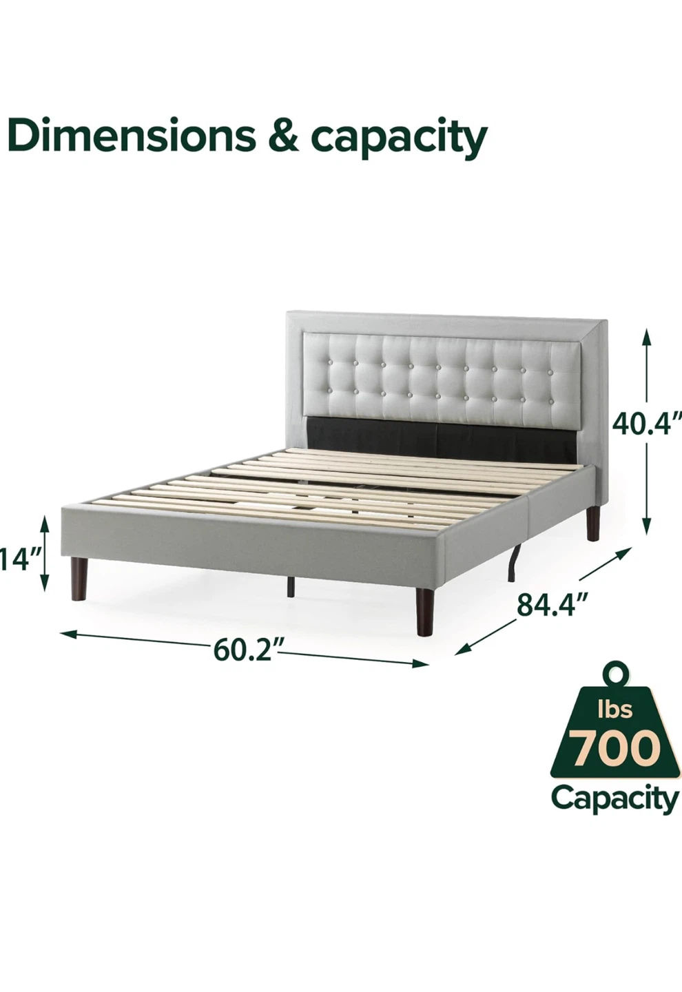 Grey Upholstered Bed Frame - Queen Size