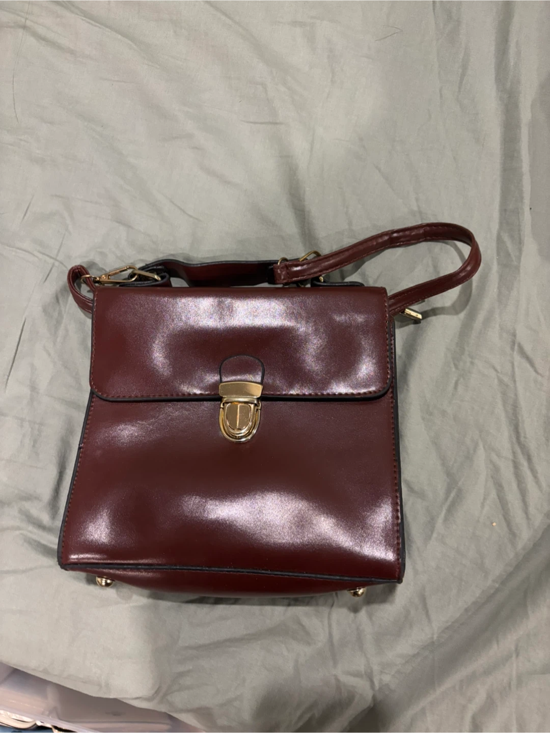 Burgundy Faux Leather Top-Handle Handbag