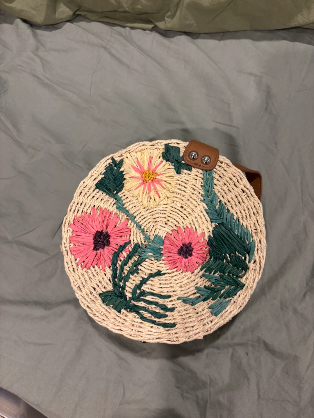 Straw Round Bag with Embroidered Flowers