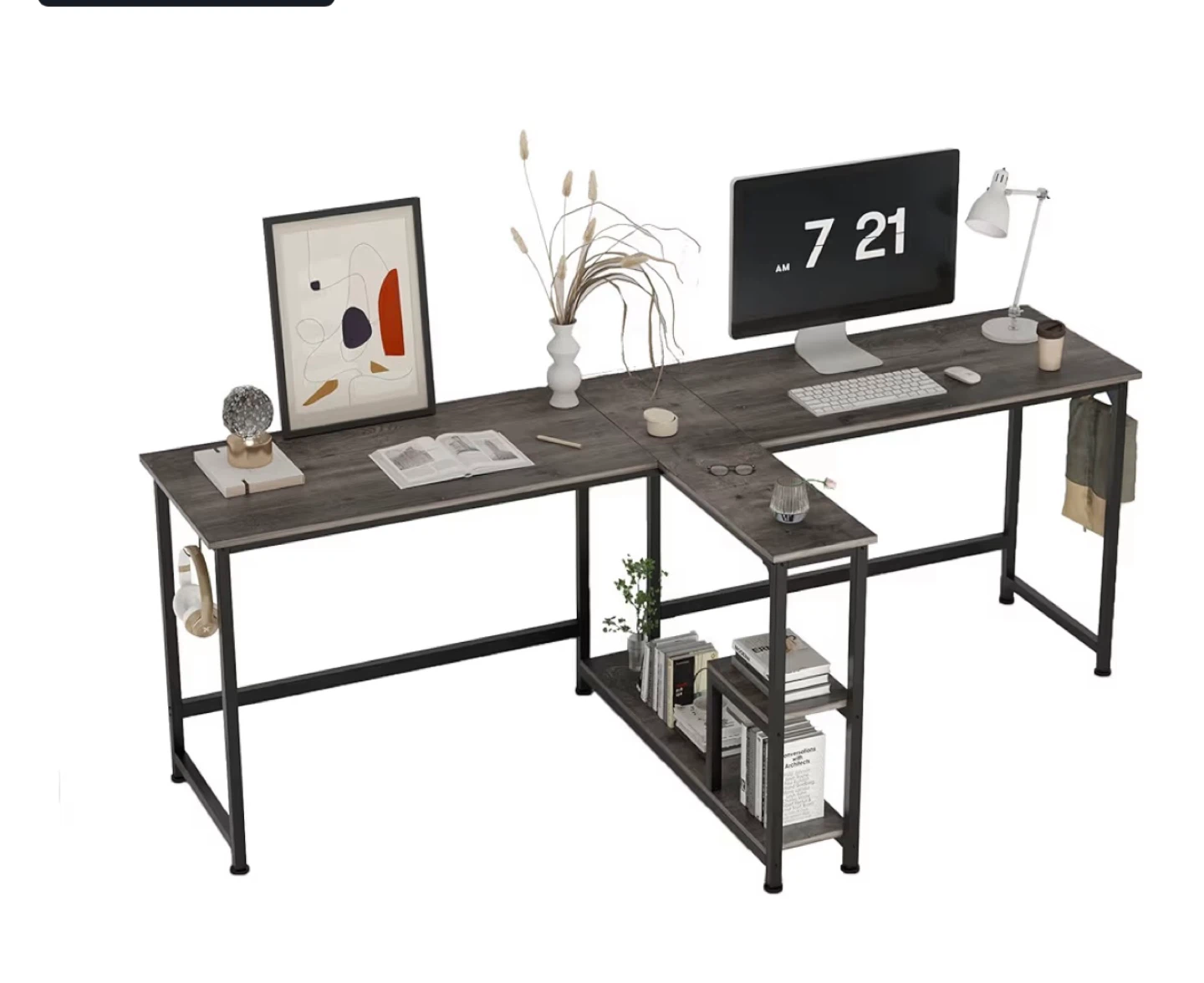 L-Shaped Desk with Shelving - Rustic Grey - photo 3