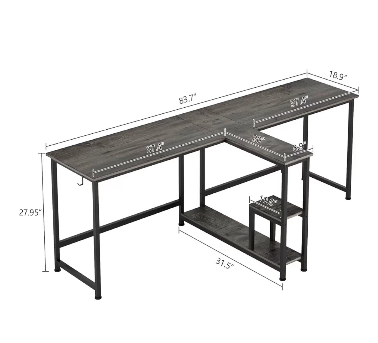 L-Shaped Desk with Shelving - Rustic Grey - photo 2