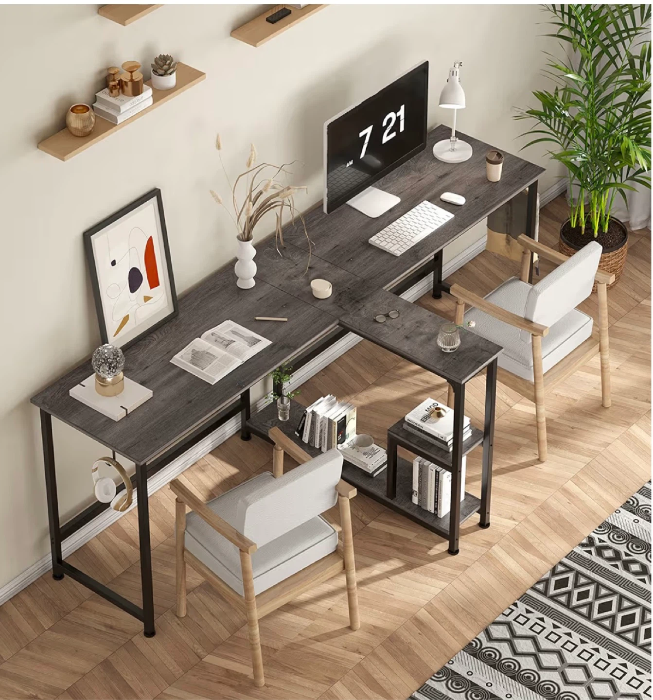 L-Shaped Desk with Shelving - Rustic Grey