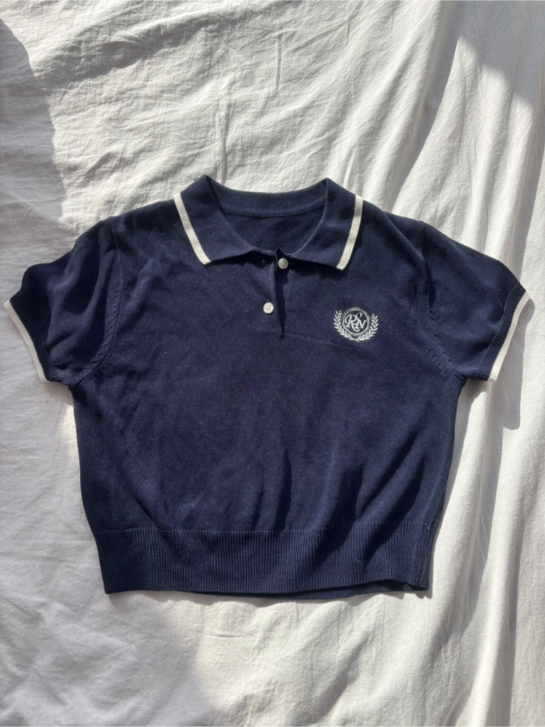 Cropped Navy Blue Collared Knit Shirt