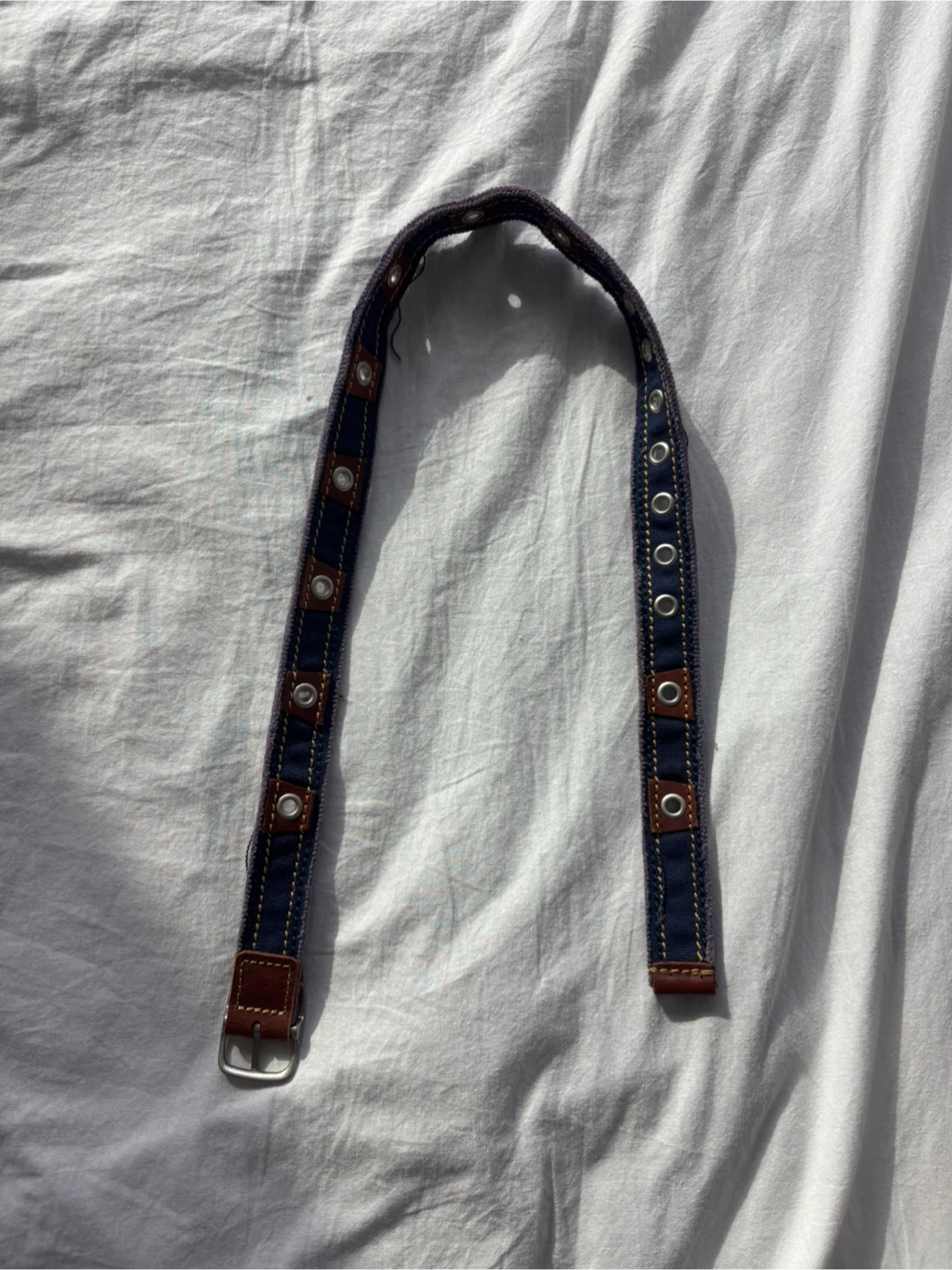 Blue Fabric Belt with Brown Leather Accents