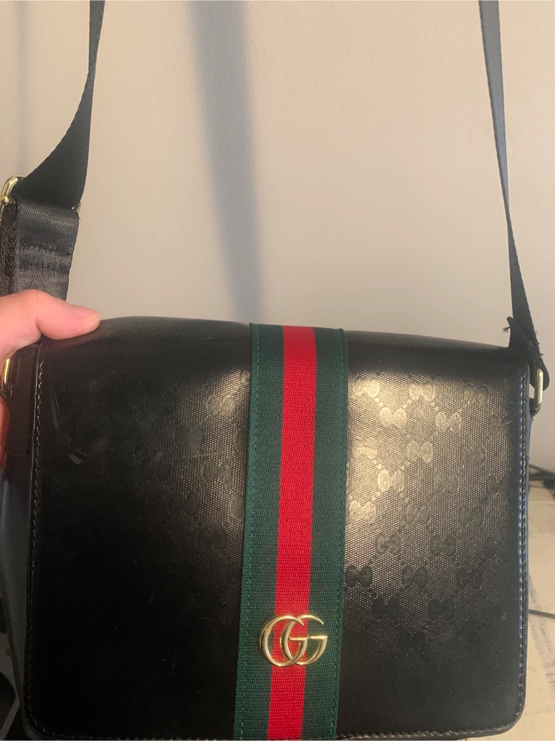Black Patent Leather Crossbody Bag with Green and Red Stripe