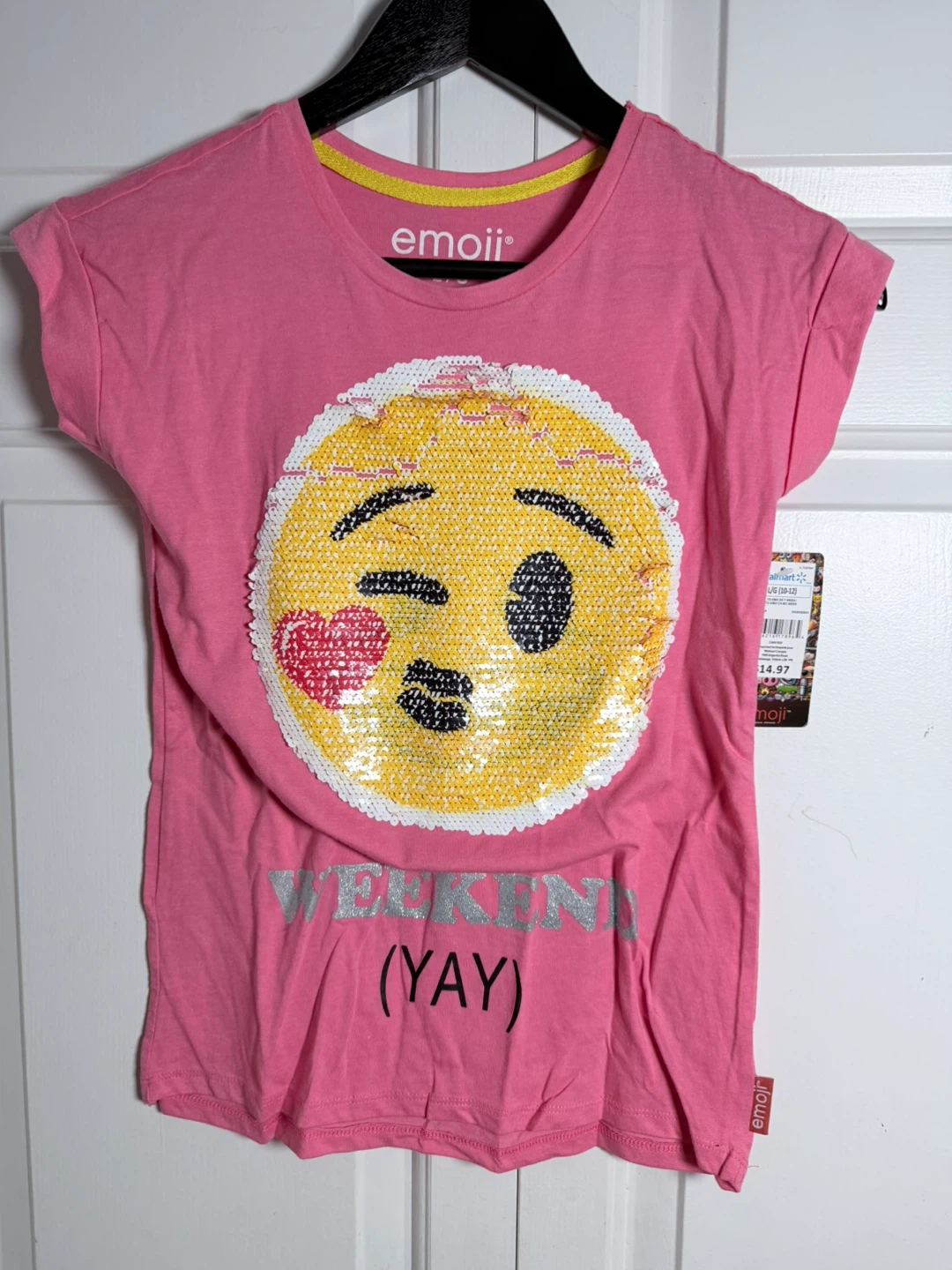 Emoji Pink Sequin Face "Weekend Yay" T-Shirt Size L/G (10-12) - photo 2