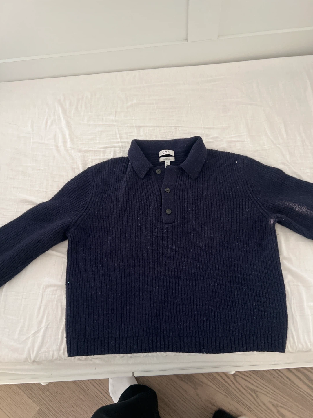 COS Navy Ribbed Knit Polo Sweater