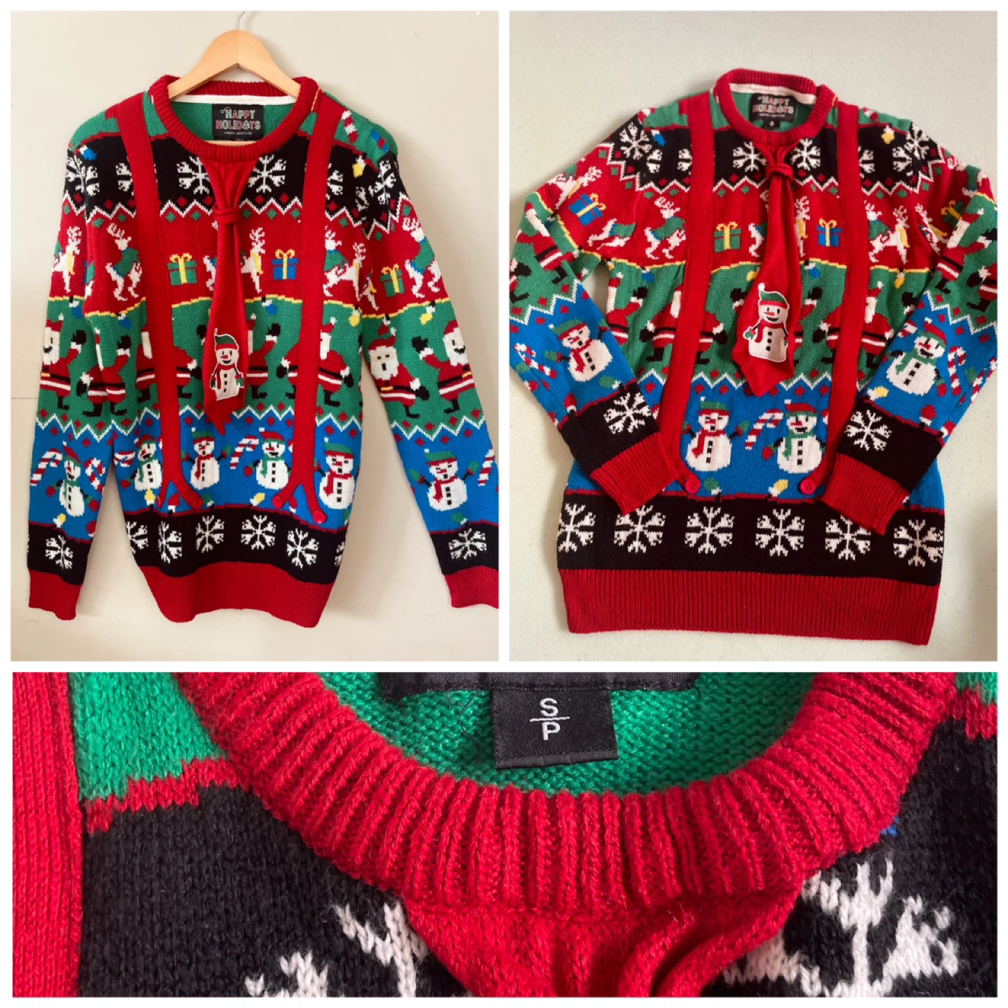 Happy Holidays Christmas Sweater with Snowman Tie