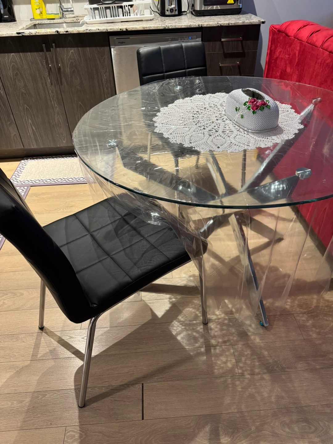 Round Glass Dining Table with 4 Black Chairs - photo 2