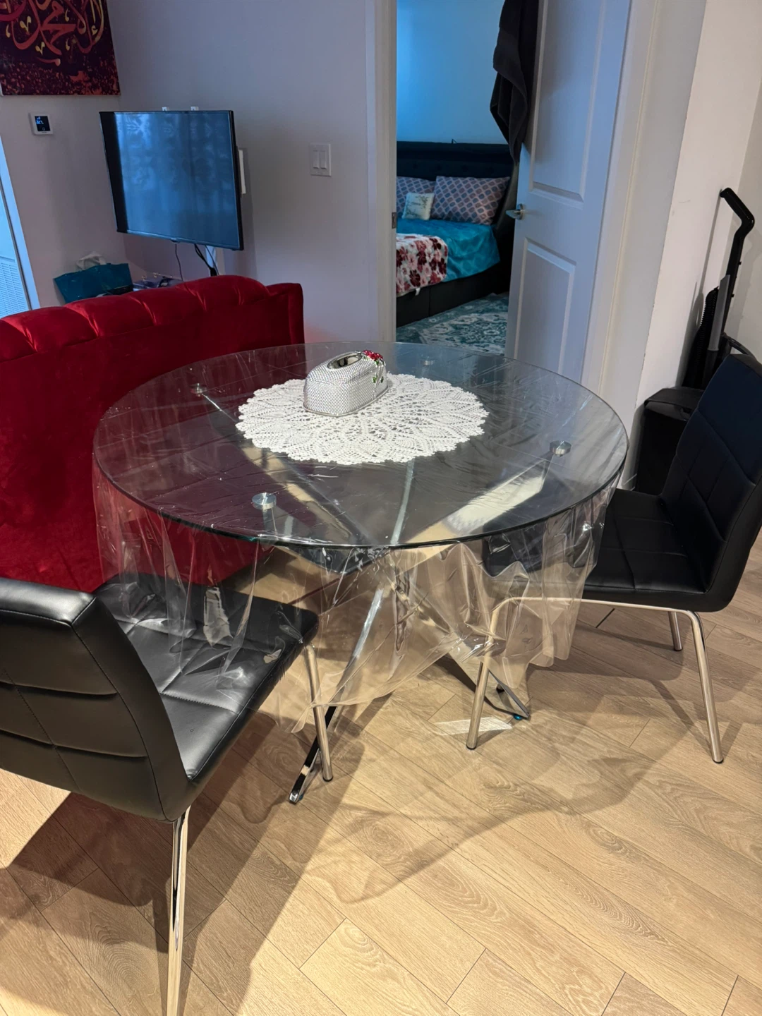 Round Glass Dining Table with 4 Black Chairs - photo 3