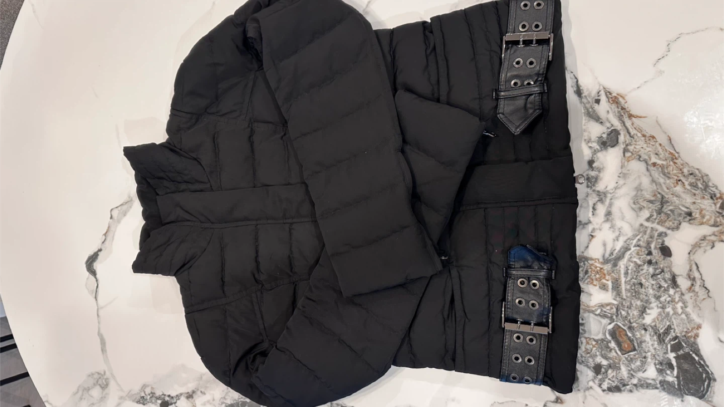 Black Puffer Jacket with Faux Leather Details