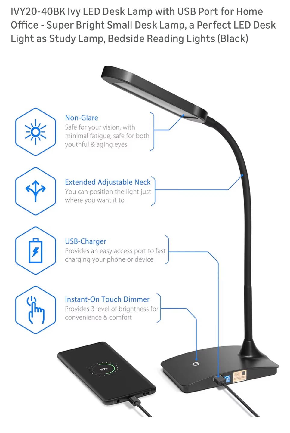 Ivy LED Desk Lamp with USB Port - Black