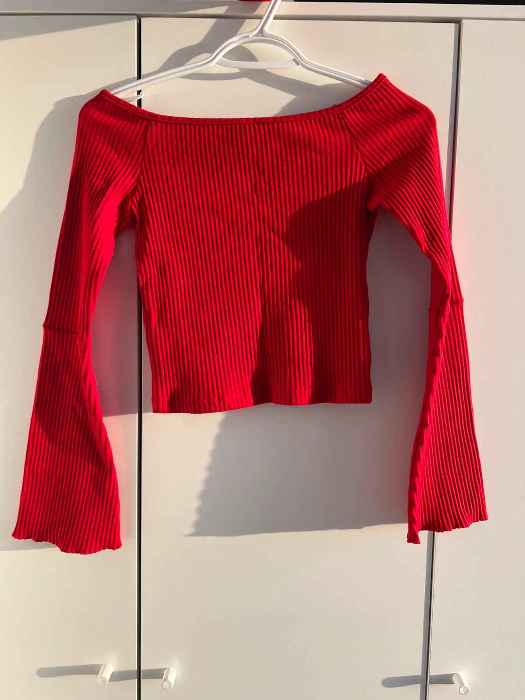 Red Off-the-Shoulder Ribbed Crop Top with Bell Sleeves