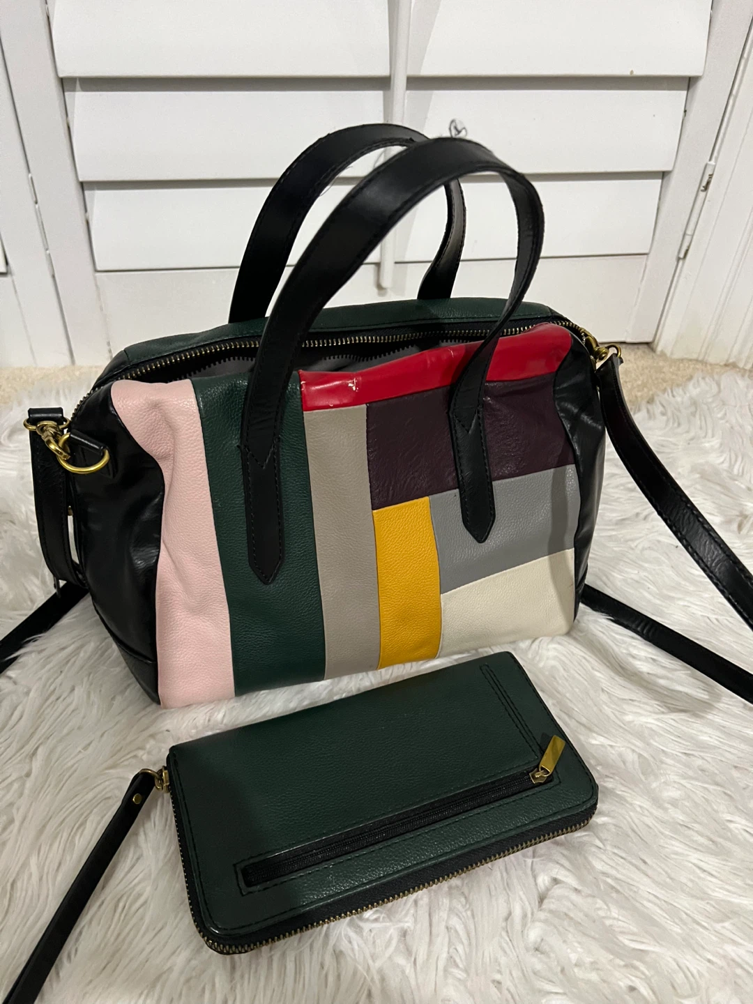 Fossil Colorblock Leather Satchel Bag with Matching Wallet - photo 4
