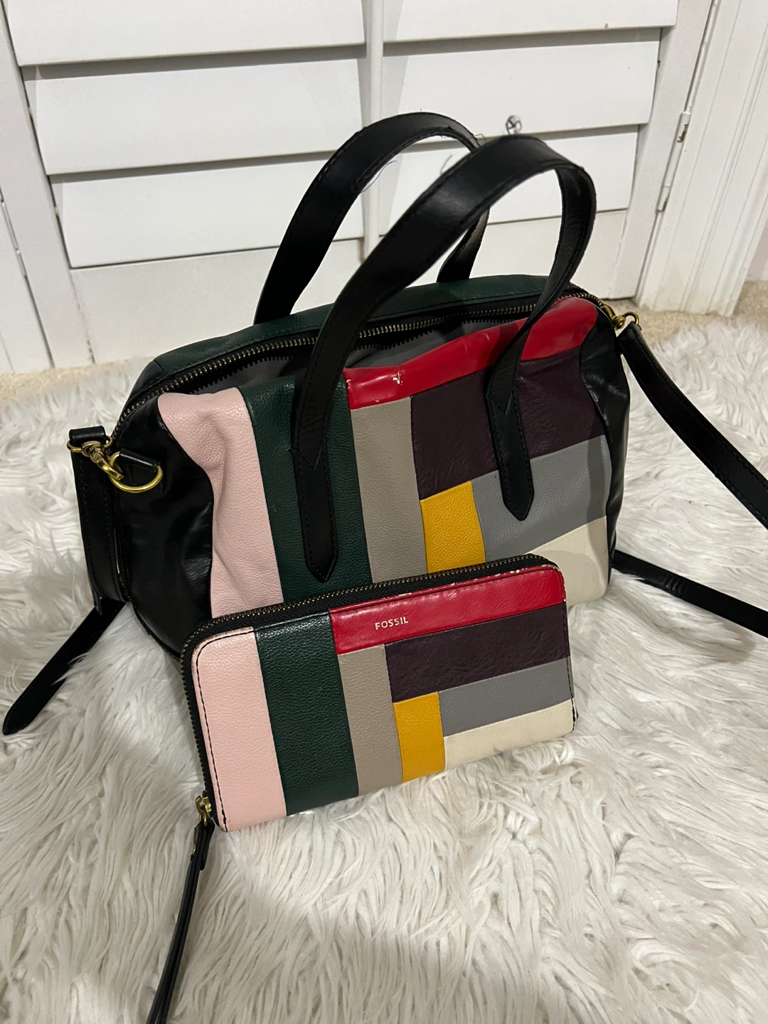 Fossil Colorblock Leather Satchel Bag with Matching Wallet