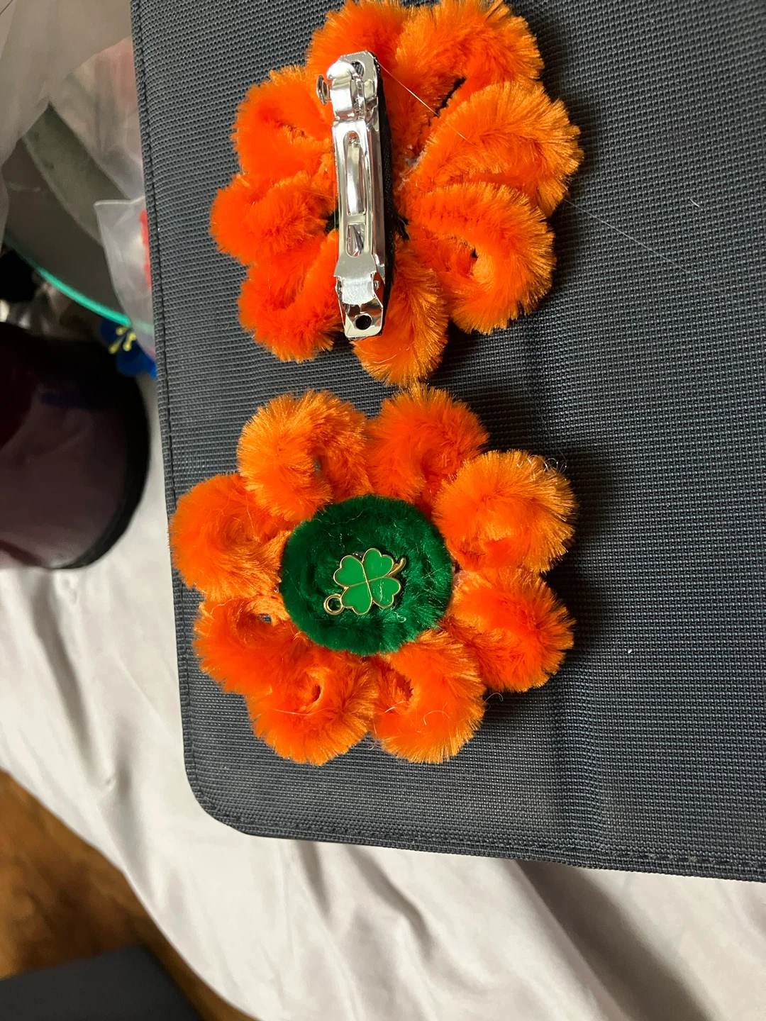 2 St. Patrick's Day Hair Clips - Orange Flower & Gold Tinsel - photo 2