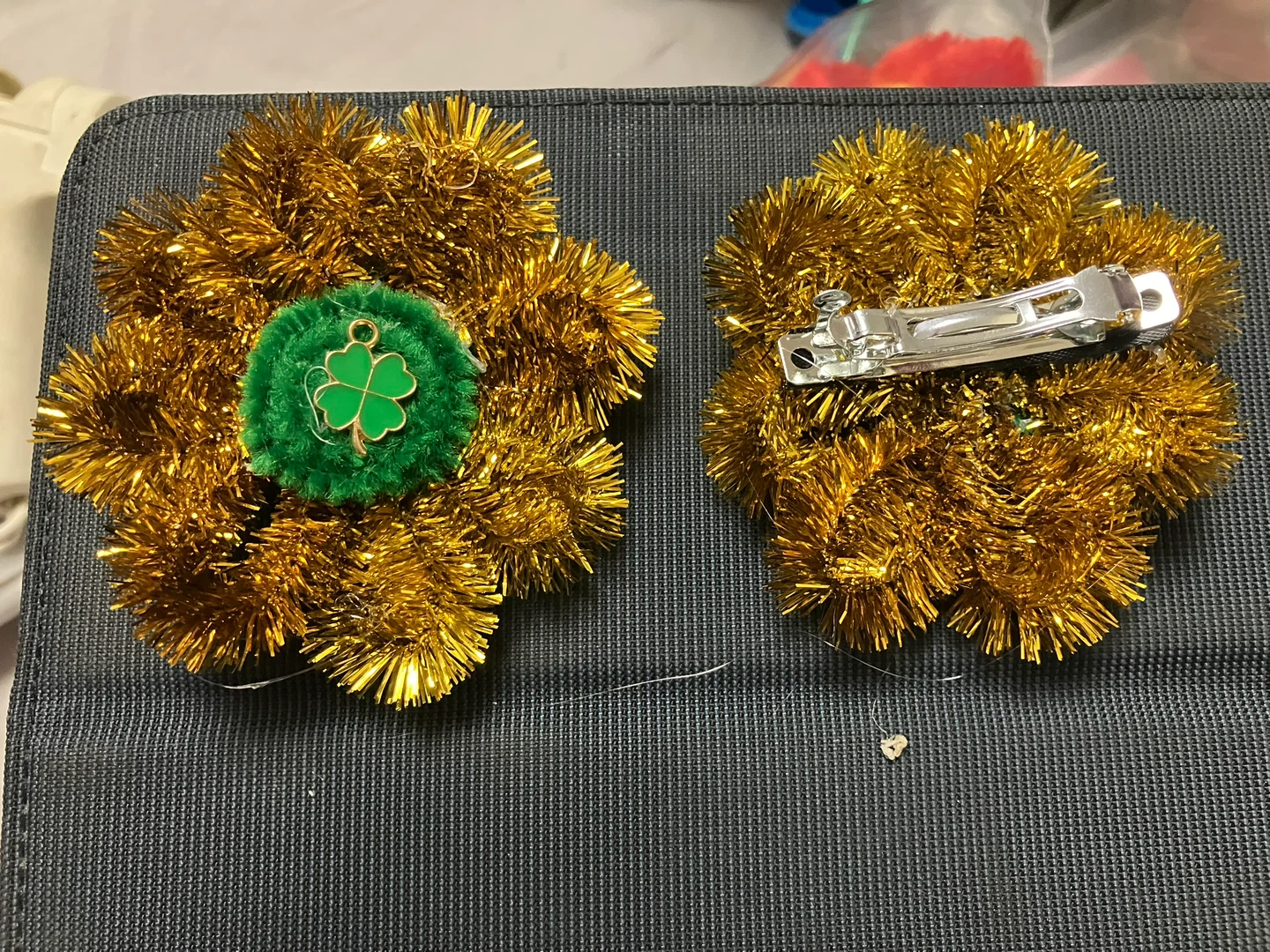 2 St. Patrick's Day Hair Clips - Orange Flower & Gold Tinsel - photo 4