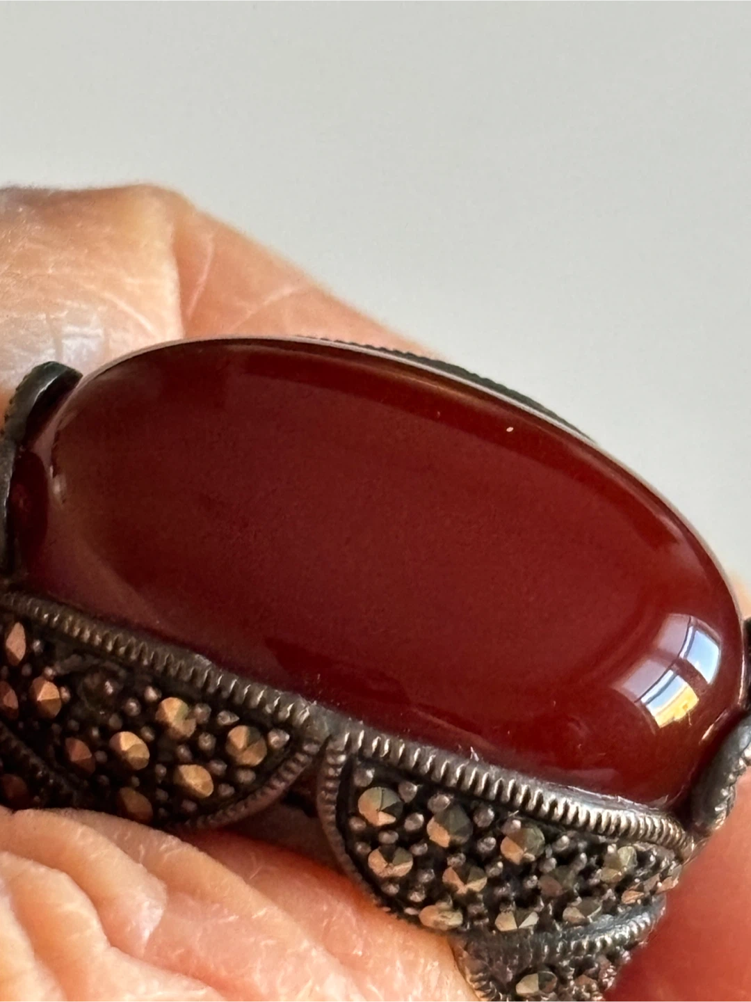 Vintage Marcasite & Carnelian Ring Sterling Silver