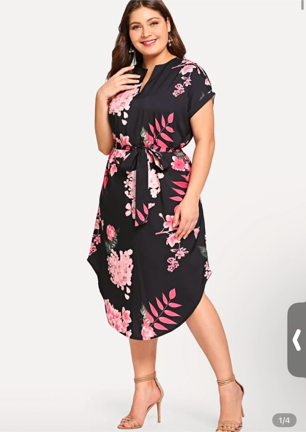 Black floral print belted dress