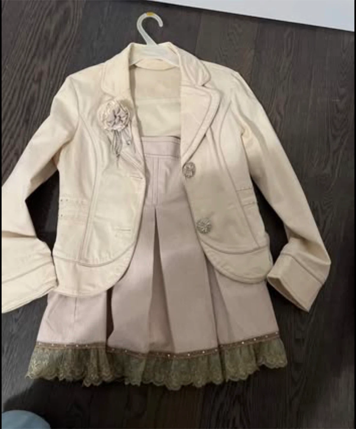 Cream Blazer and Skirt Set with Embellishments