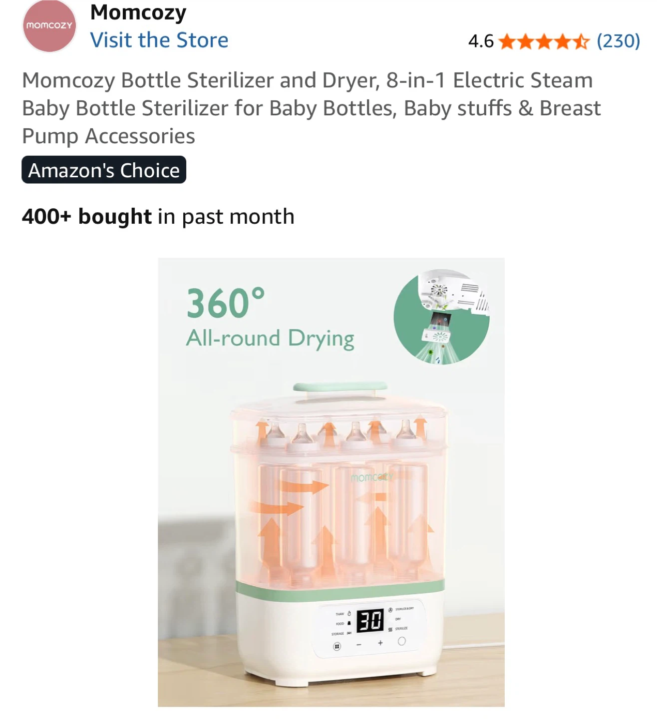 Momcozy 8-in-1 Electric Steam Baby Bottle Sterilizer and Dryer - photo 4