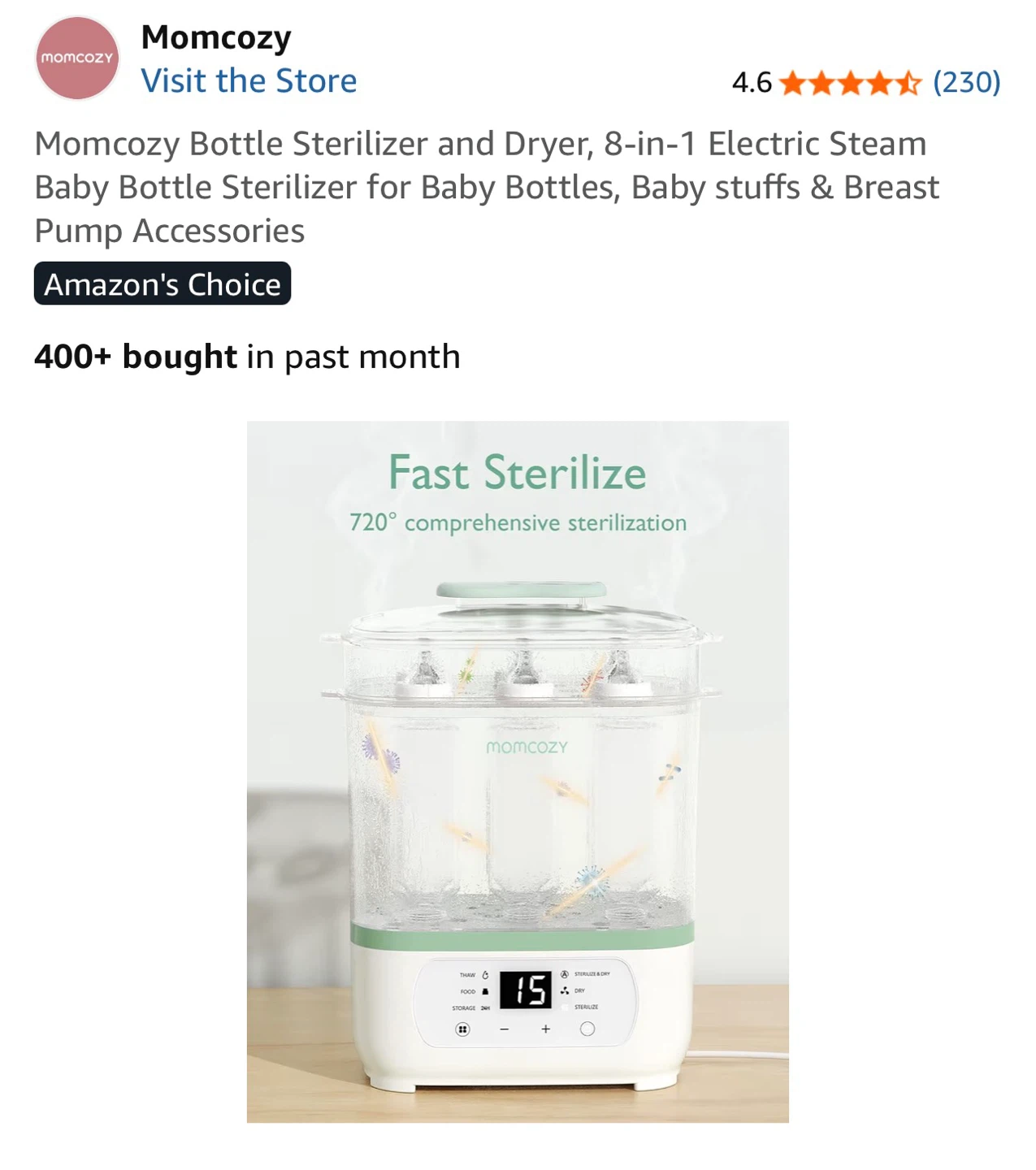 Momcozy 8-in-1 Electric Steam Baby Bottle Sterilizer and Dryer - photo 3