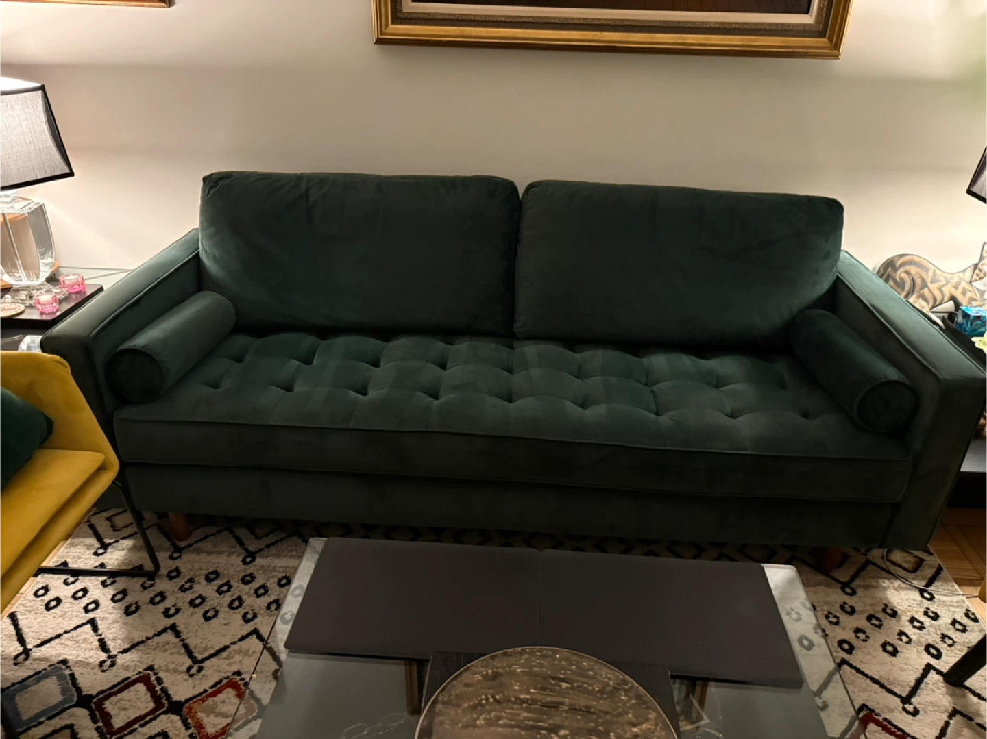 Deep Green Velvet Tufted Sofa with Bolster Arms - photo 2