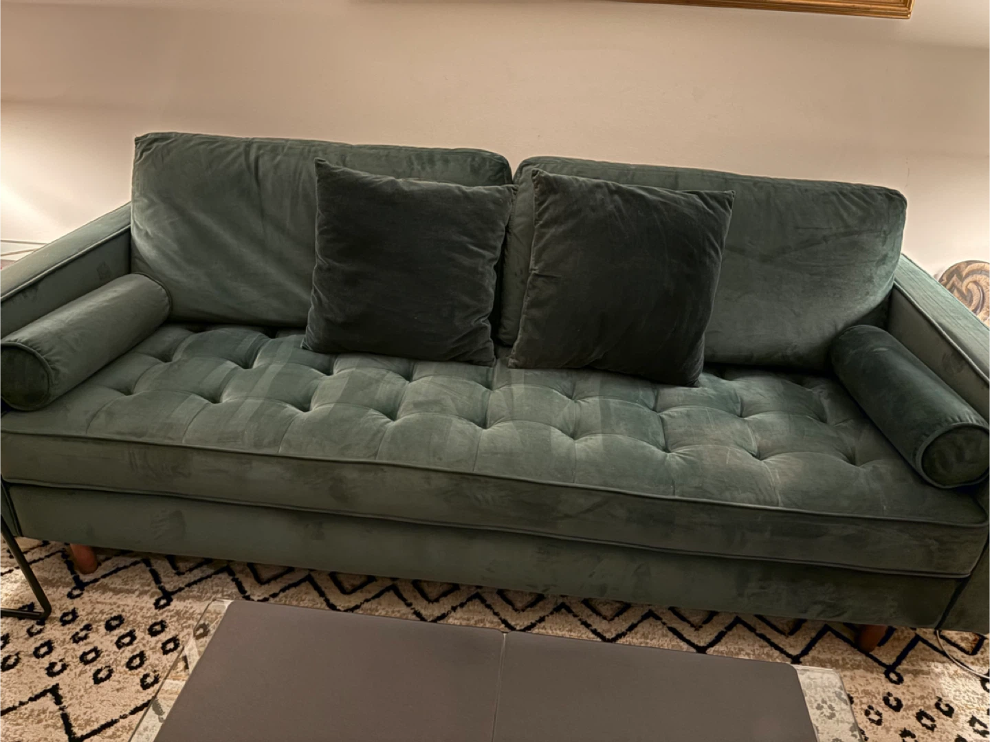 Deep Green Velvet Tufted Sofa with Bolster Arms