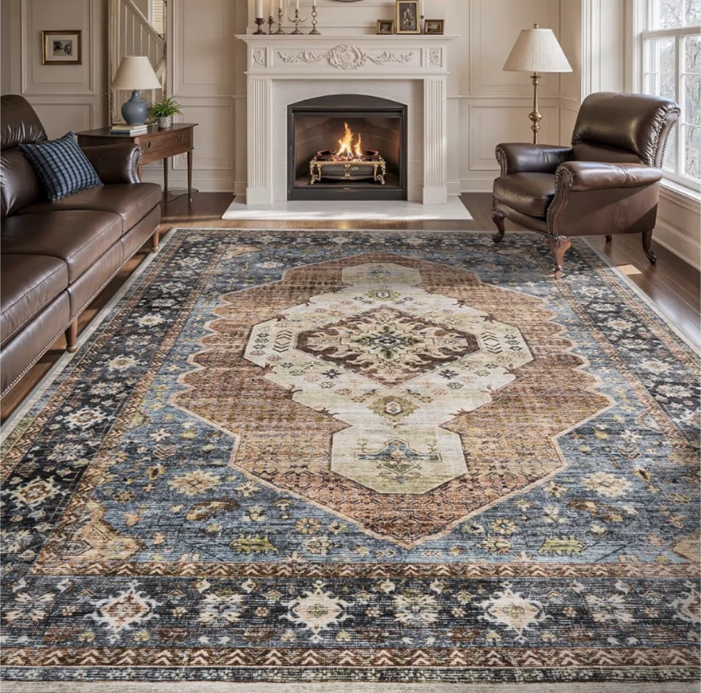 Engiw Washable 5x7 Area Rug - Navy Blue Rust Vintage - photo 4