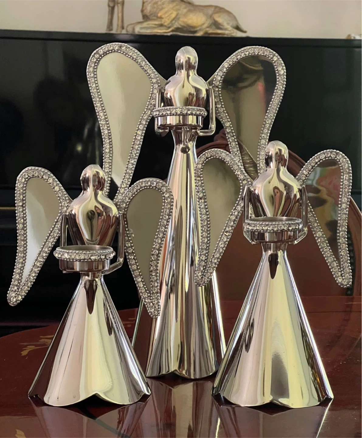 Set of 3 Silver Angel Figurines with Rhinestone Wings - photo 2