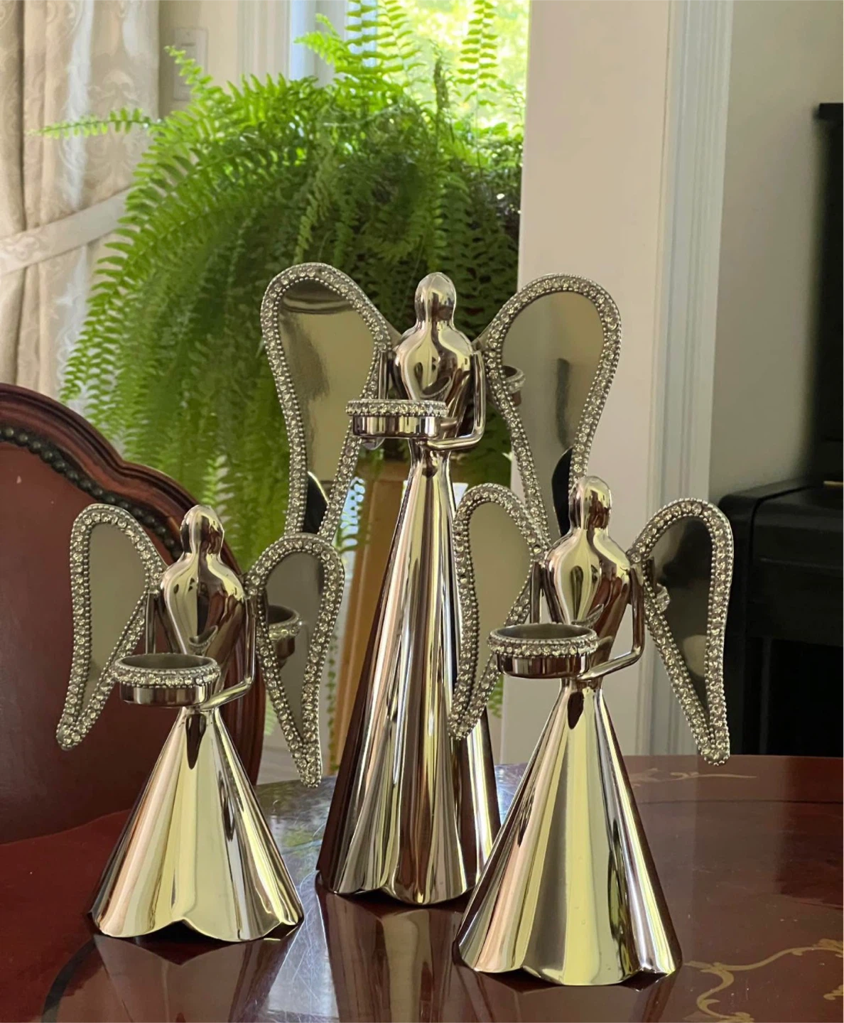 Set of 3 Silver Angel Figurines with Rhinestone Wings
