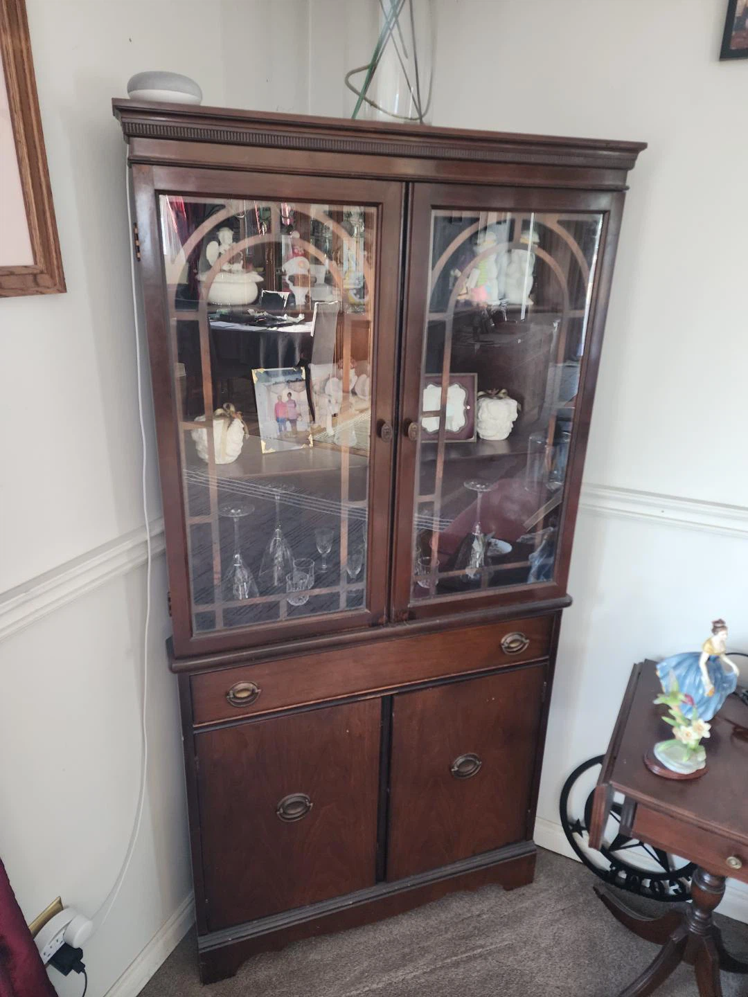 Vintage China Cabinet, antique chair amd table