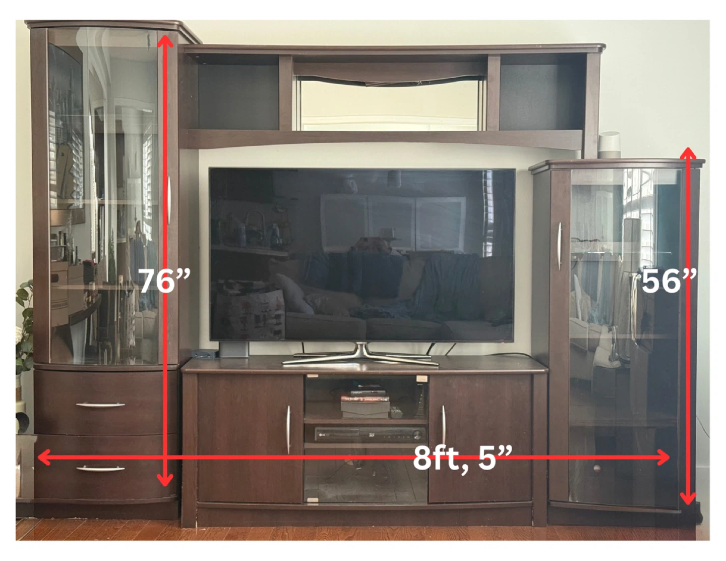 MOVING SALE - Dark Wood Entertainment Unit with Glass Cabinets