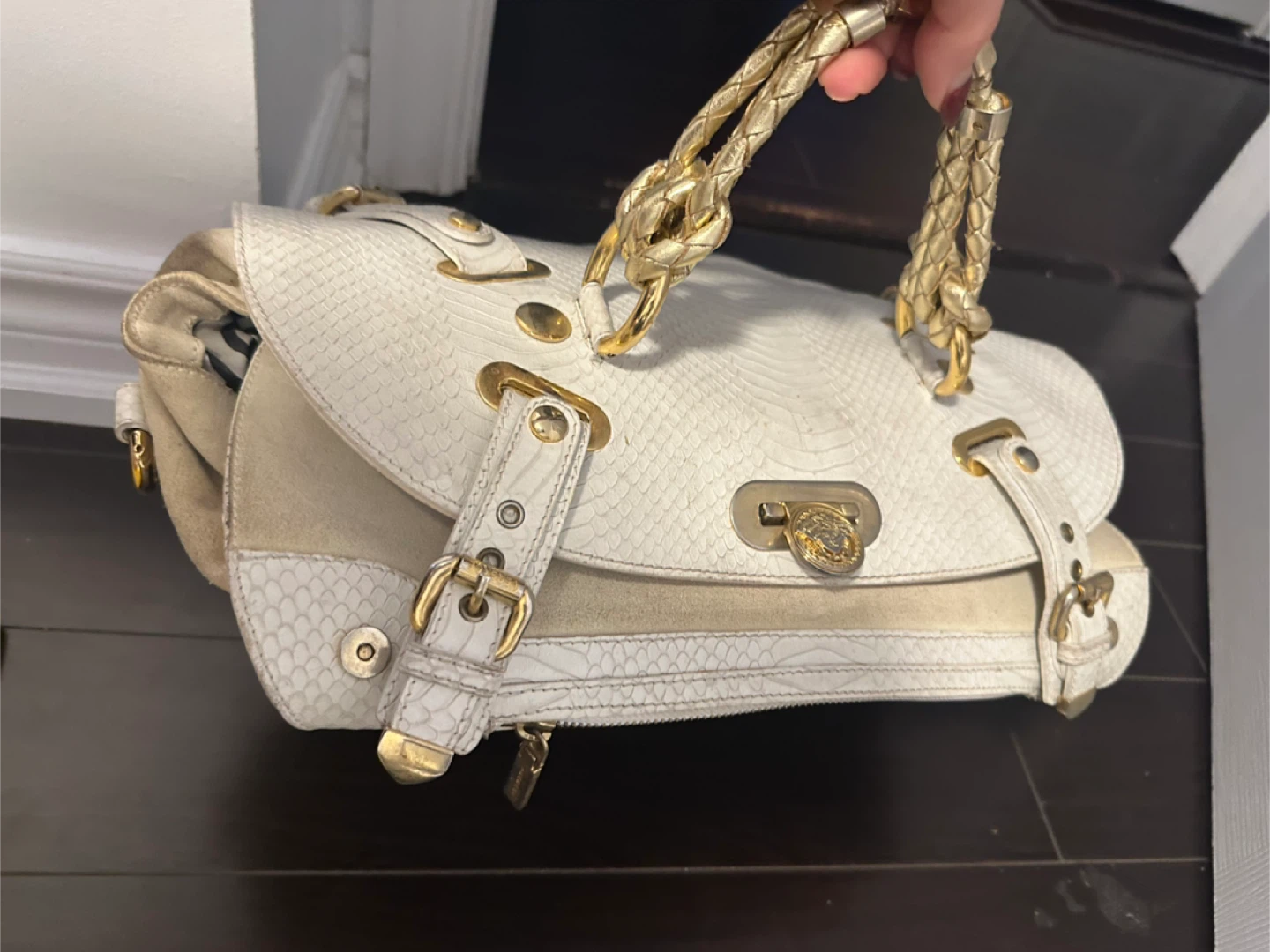 White Leather Shoulder Bag with Gold Accents