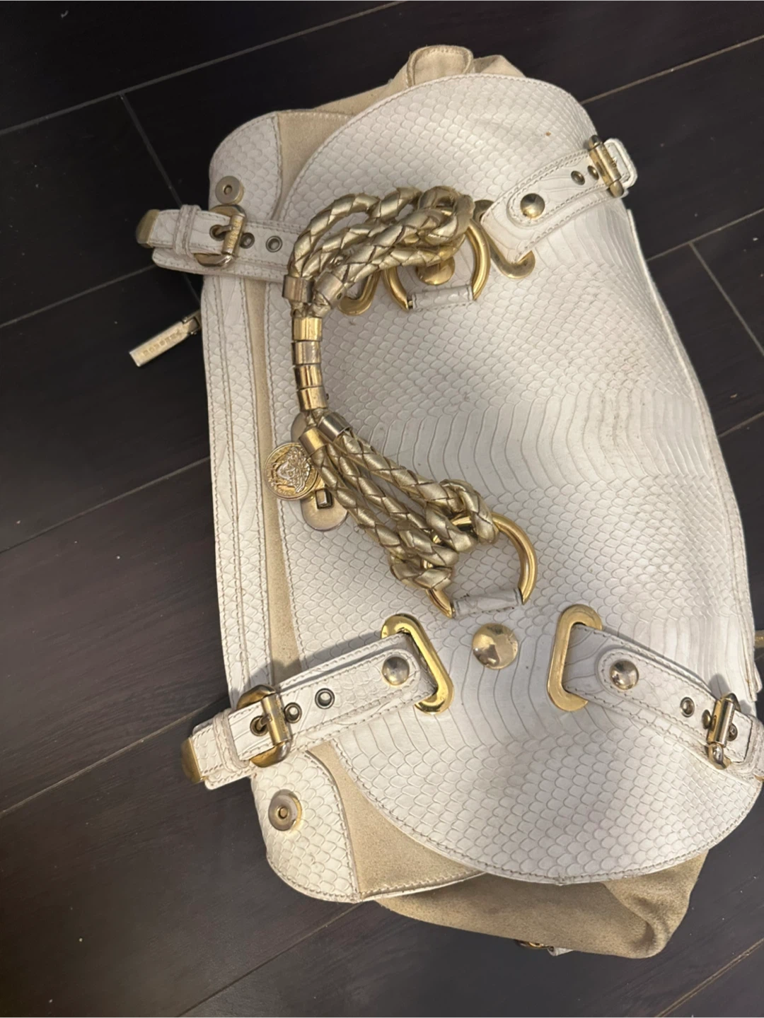 White Leather Shoulder Bag with Gold Accents - photo 2