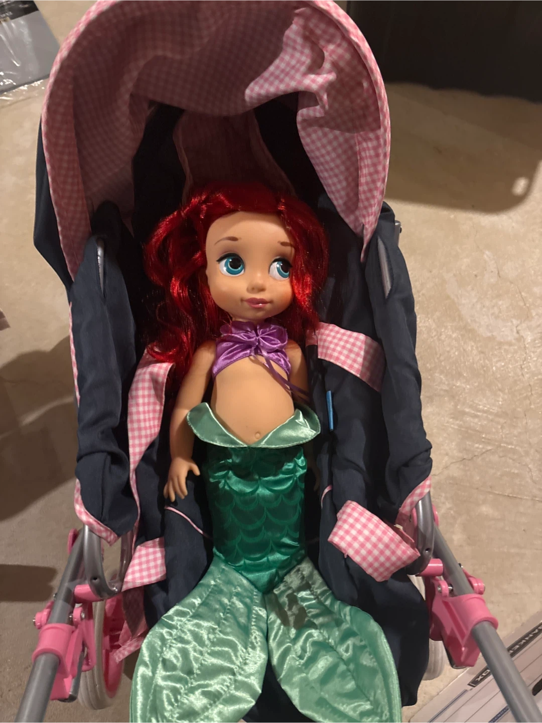 Doll Stroller with Pink Gingham Accents plus mermaid doll - photo 5