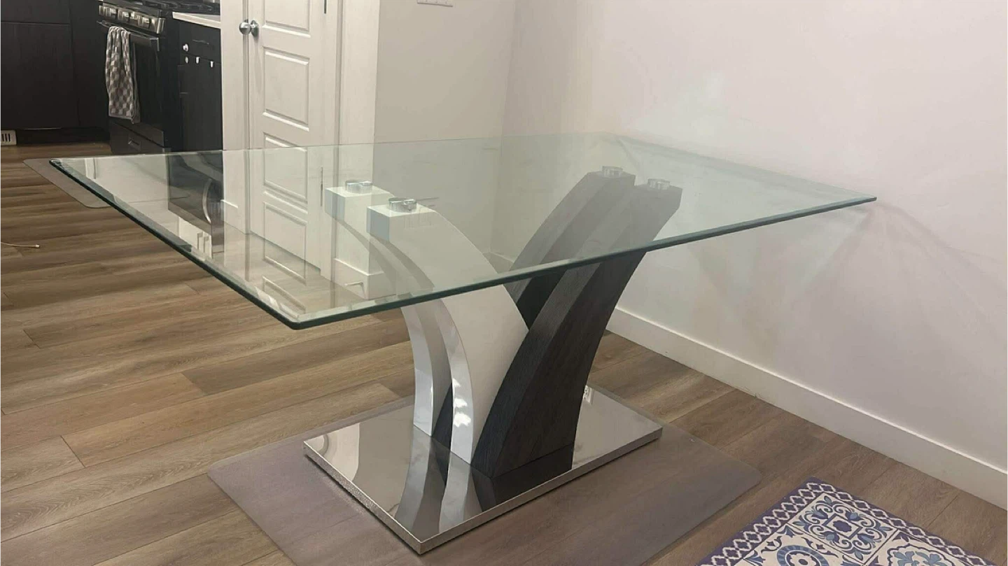 Tuxedo Dining Table with Glass Top, Pedestal Base - 72"W