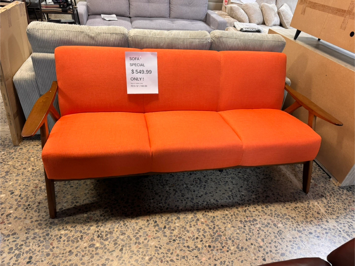 Orange 3-Seater Sofa with Wooden Arms