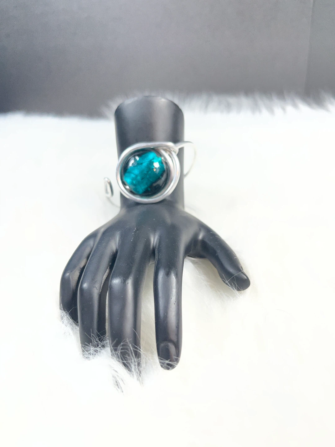 Wire-wrapped blue glass cuff bracelet