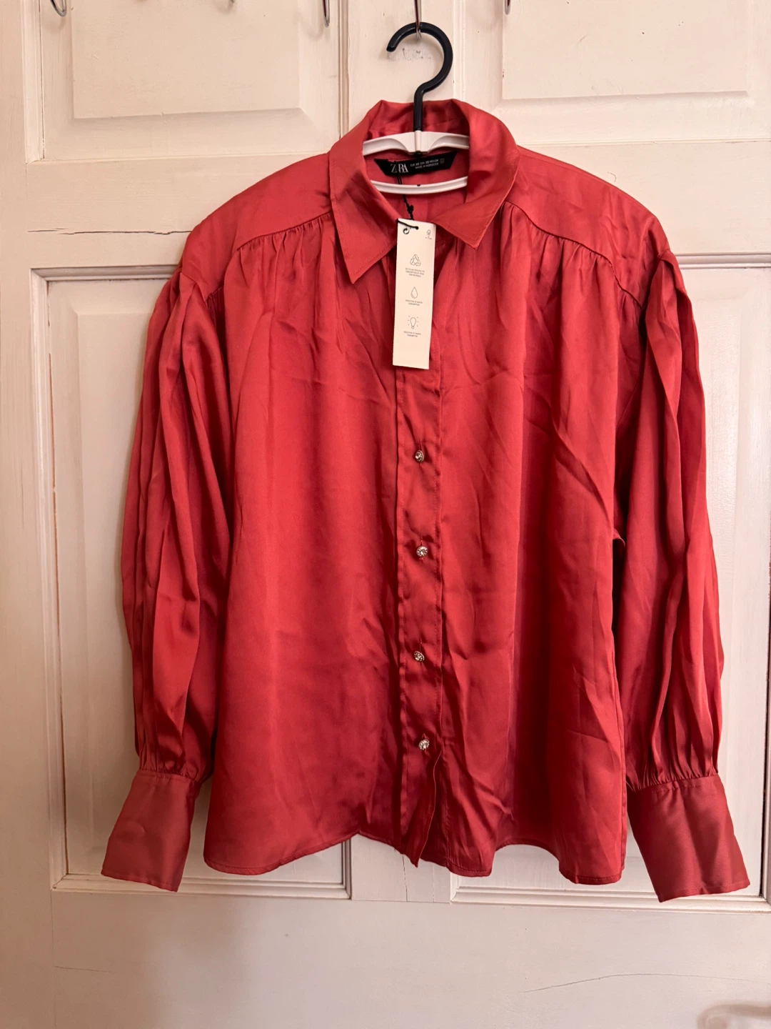Zara Red Embellished Button Balloon Sleeve Blouse Size XS