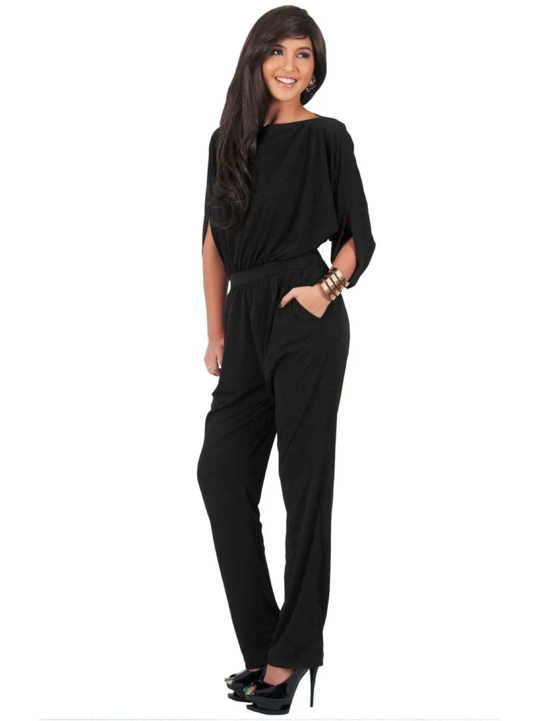 NEW! Black Boat Neck Jumpsuit with 3/4 Sleeves Romper Suit - photo 4