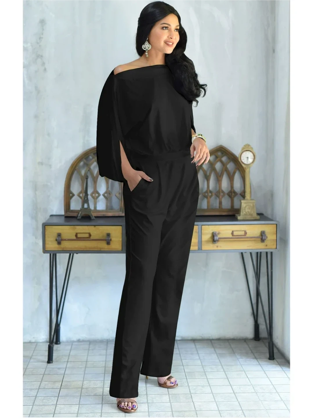 NEW! Black Boat Neck Jumpsuit with 3/4 Sleeves Romper Suit - photo 3
