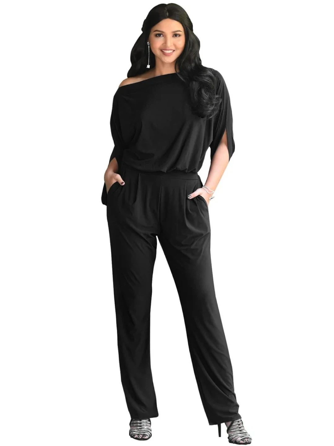 NEW! Black Boat Neck Jumpsuit with 3/4 Sleeves Romper Suit