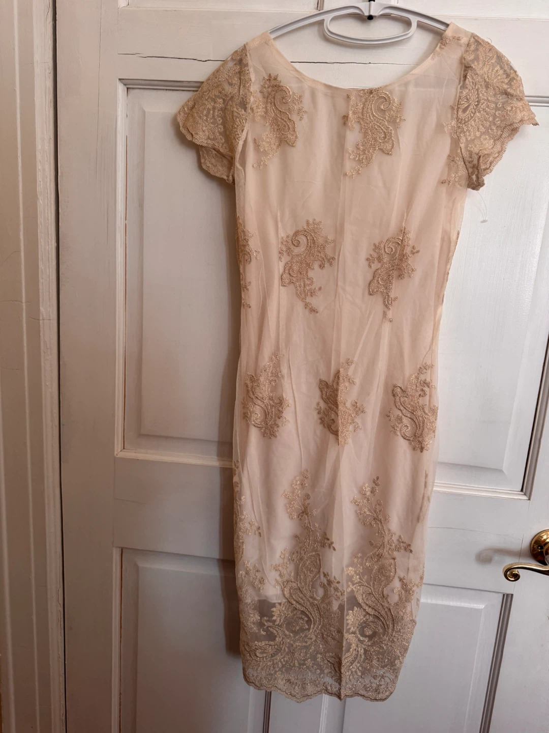 Women's Lace Overlay Sheath Dress - Beige/Gold
