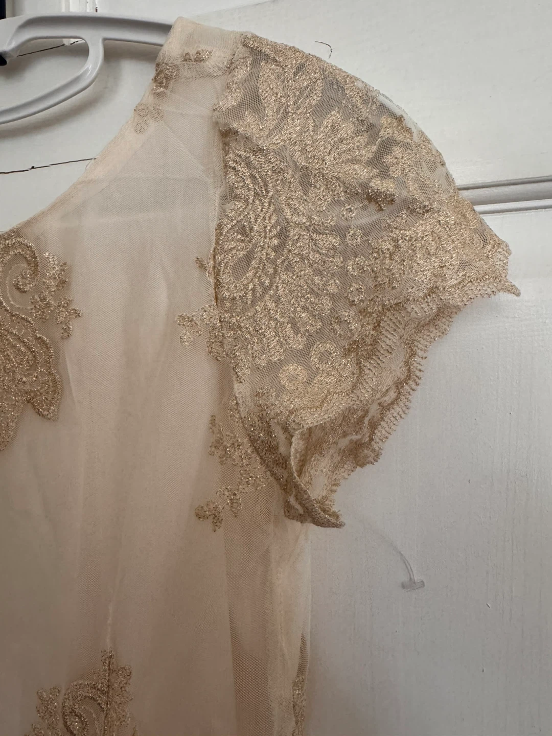 Women's Lace Overlay Sheath Dress - Beige/Gold - photo 4