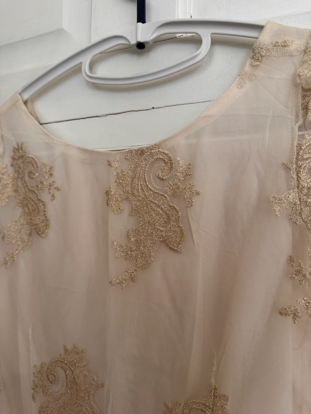 Women's Lace Overlay Sheath Dress - Beige/Gold - photo 5