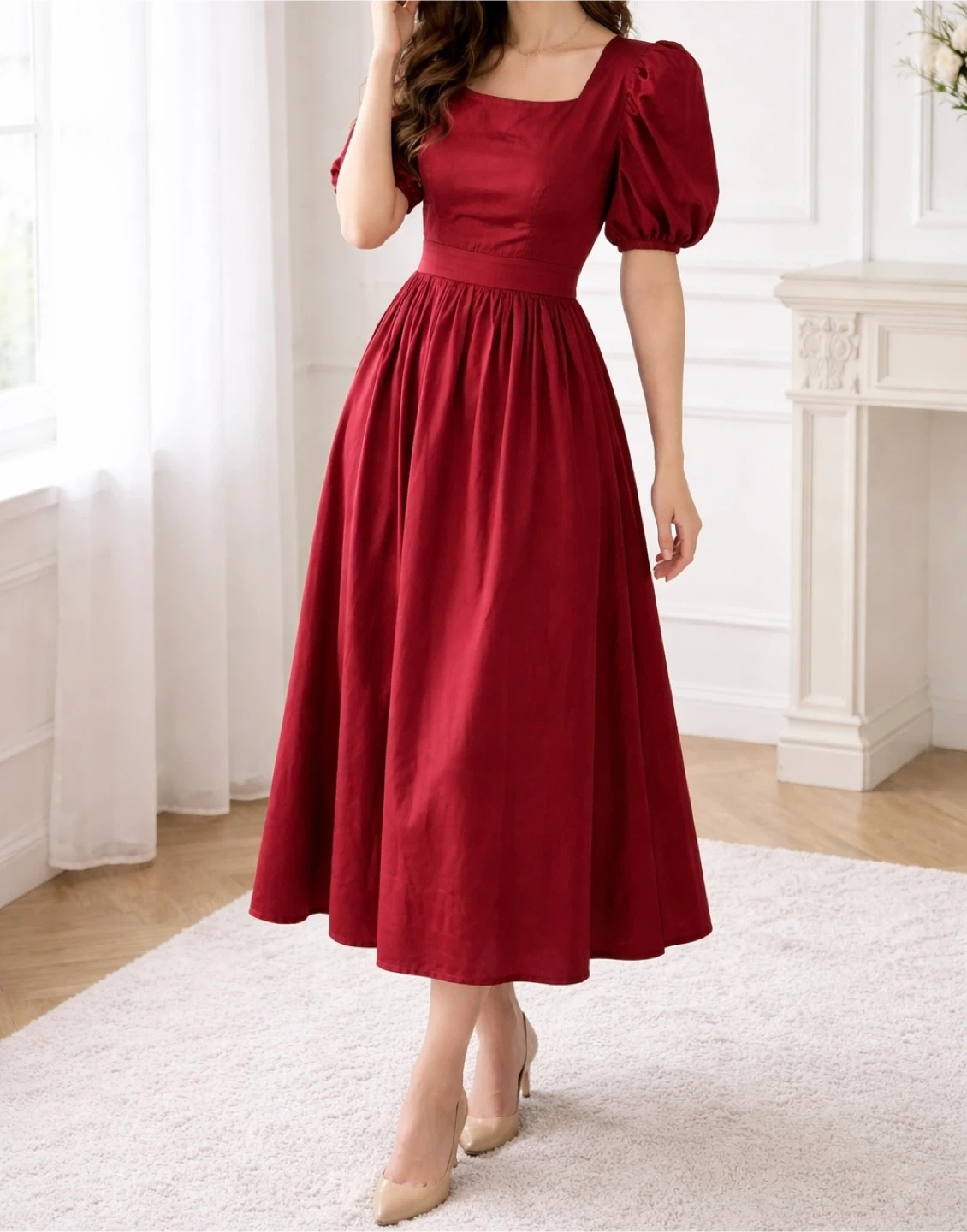 Women's Red Puff Sleeve Midi Dress